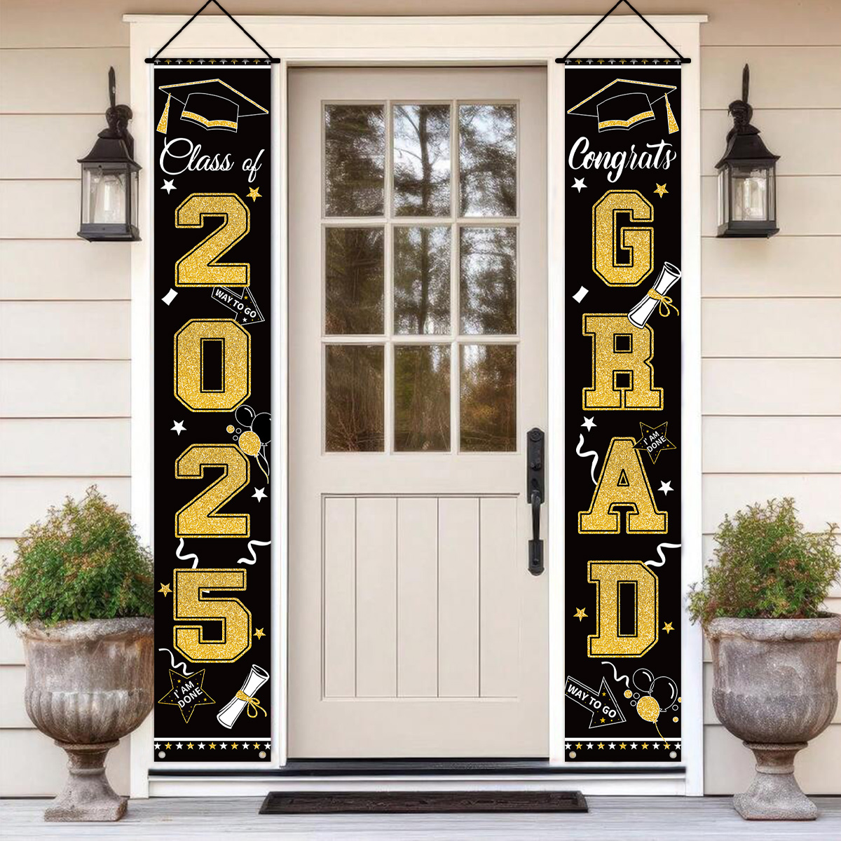 Decoración para de graduación, pancartas de coplas para puerta, clase de 2025, felicidades, letrero colgante para porche de graduación, suministros para de celebración en el hogar
