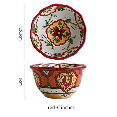 Bohemian Handgeschilderde Keramische Slakom Rijst Ramen Kom Soep Kommen Fruit Thuis Ontbijt Granen Huishoudelijke Keuken Servies: red-6inches