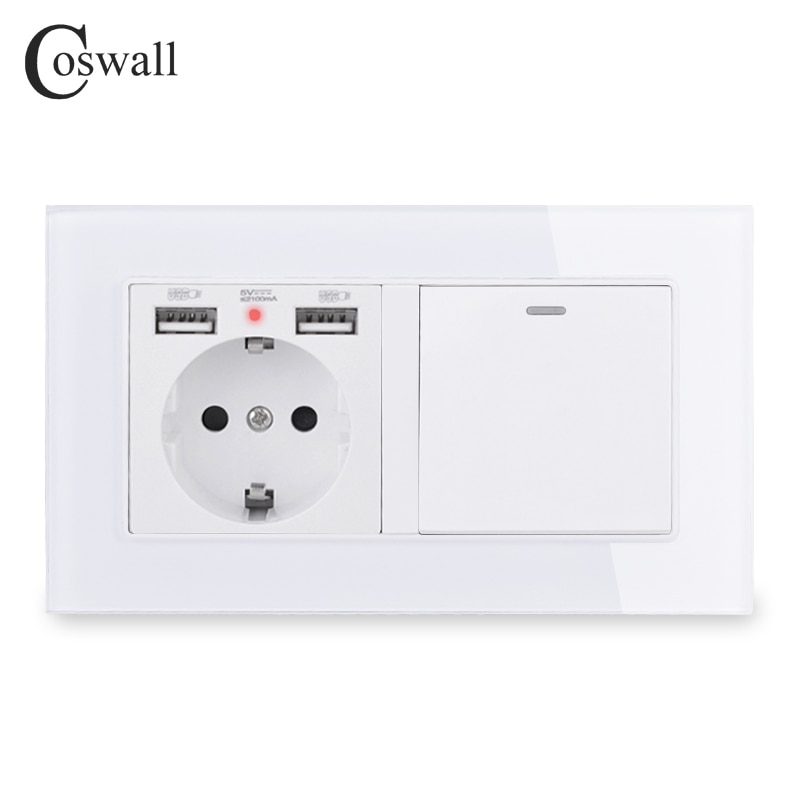Coswall eu rusland spanien stikkontakt med 2 usb opladningsport  + 1 gang 1 vej til / fra rocker lysafbryder glaspanel sort hvid