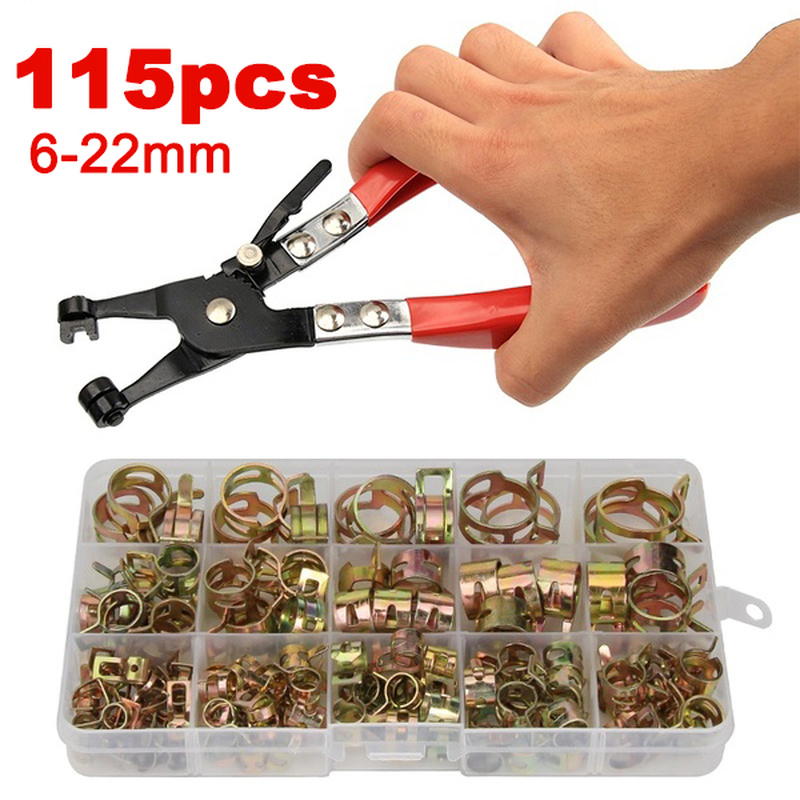 115 Uds. Abrazaderas de manguera de resorte de 6-22mm + alicates manuales abrazadera de manguera de agua de Gas chapada en Zinc Kit surtido de herramientas de Metal