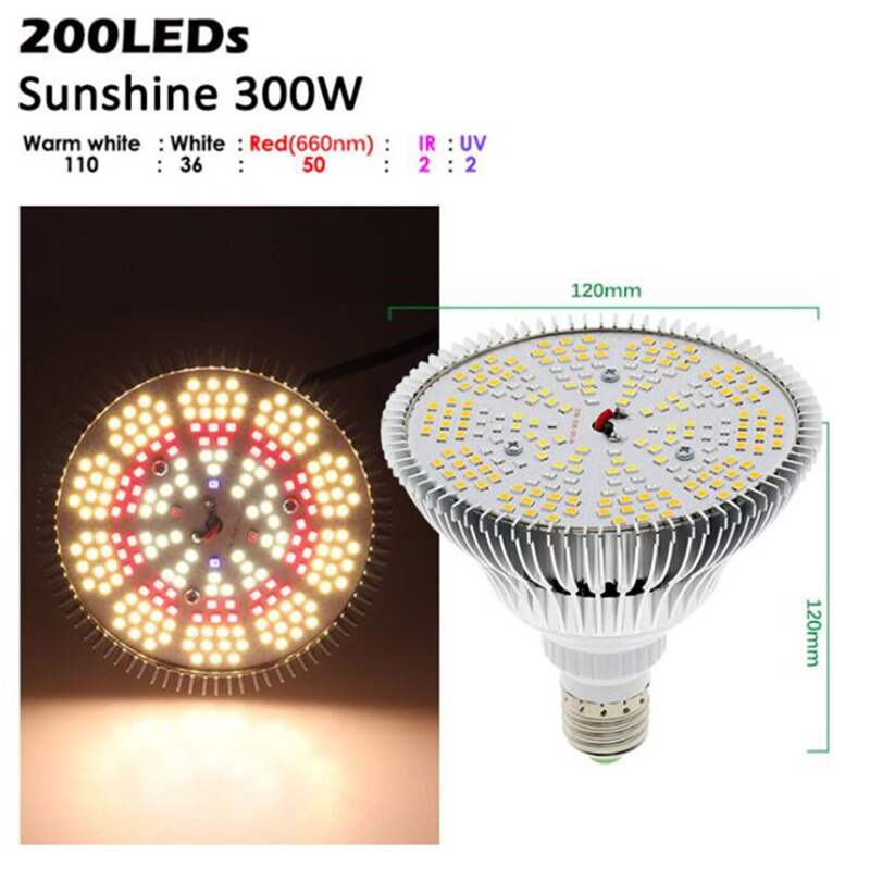 Bombilla LED E27 para cultivo de plantas, luces de espectro completo para vegetales de interior, 200: Sunshine