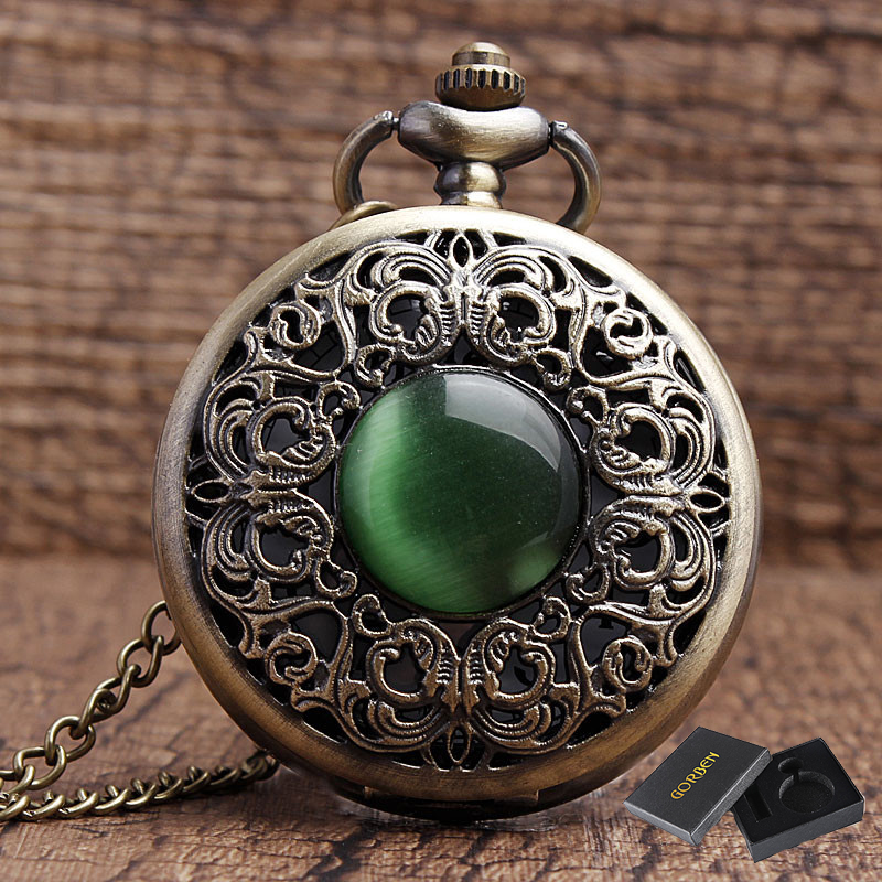 Colgante de collar de piedra de Jade de imitación hueca de bronce, reloj de bolsillo decorado, decoración de Esmeralda, para hombres y mujeres: box set