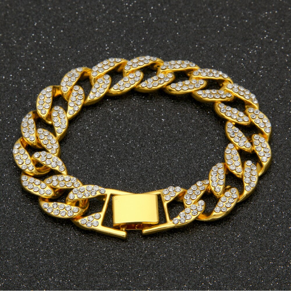 Hiphop choker 8 "miami cubaanse armband & kristal strass horloge & iced out geometrische hanger ketting goudkleurige sieradenset