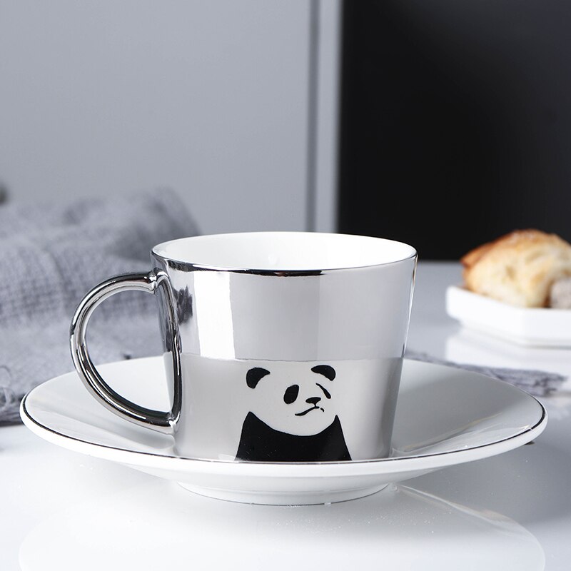 Reflection Coffee Cup and Saucer Gold Sliver Mirror Cup Ceramic Rotating Panda Horse Elk Tea Cup Friend Tableware: panda sliver 230ml