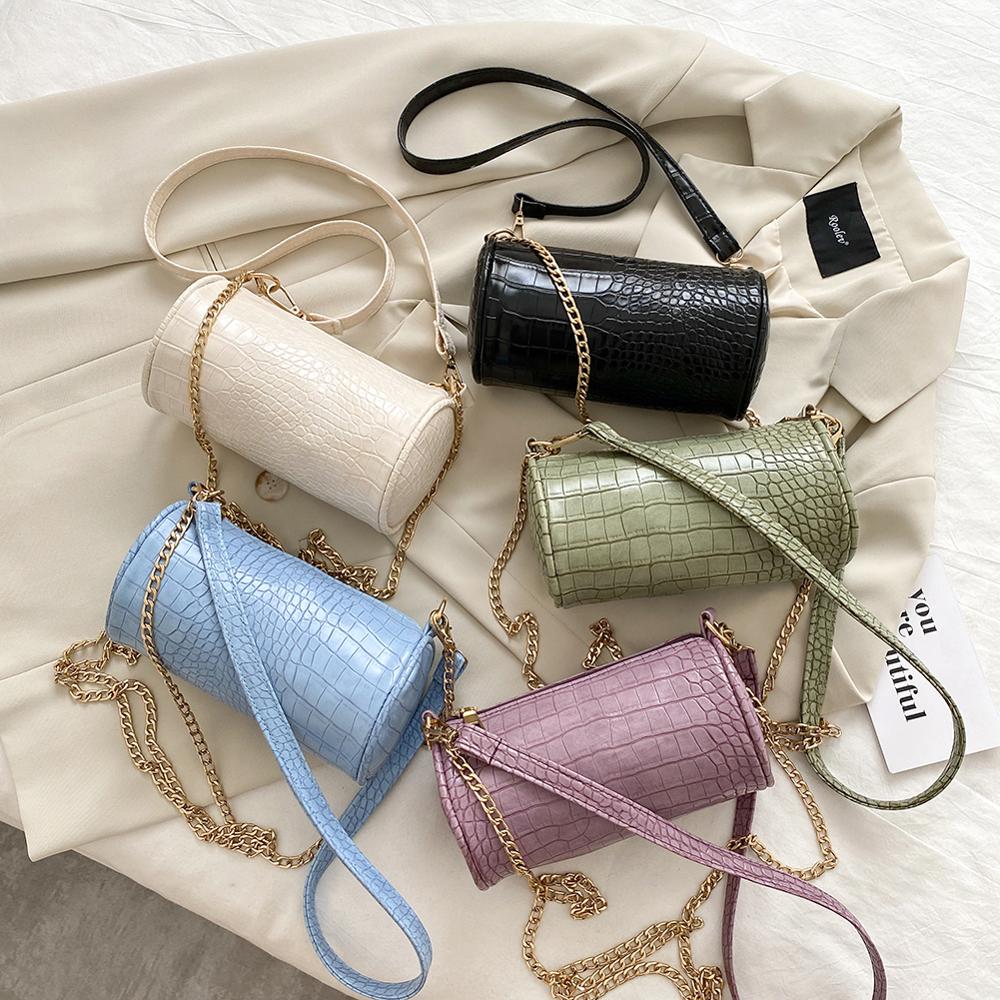 Bolso cruzado con forma de cilindro a la para mujer, Mini bolsa de hombro con cadena, de piel de cocodrilo, informal,