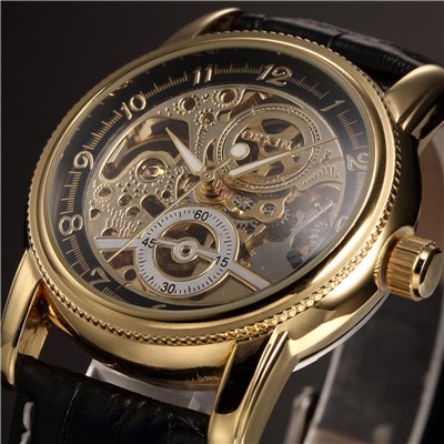 Mænds armbåndsure luksus gyldent skelet mekanisk steampunk mandligt ur automatisk armbåndsur læderrem herren horloges: Guld sort