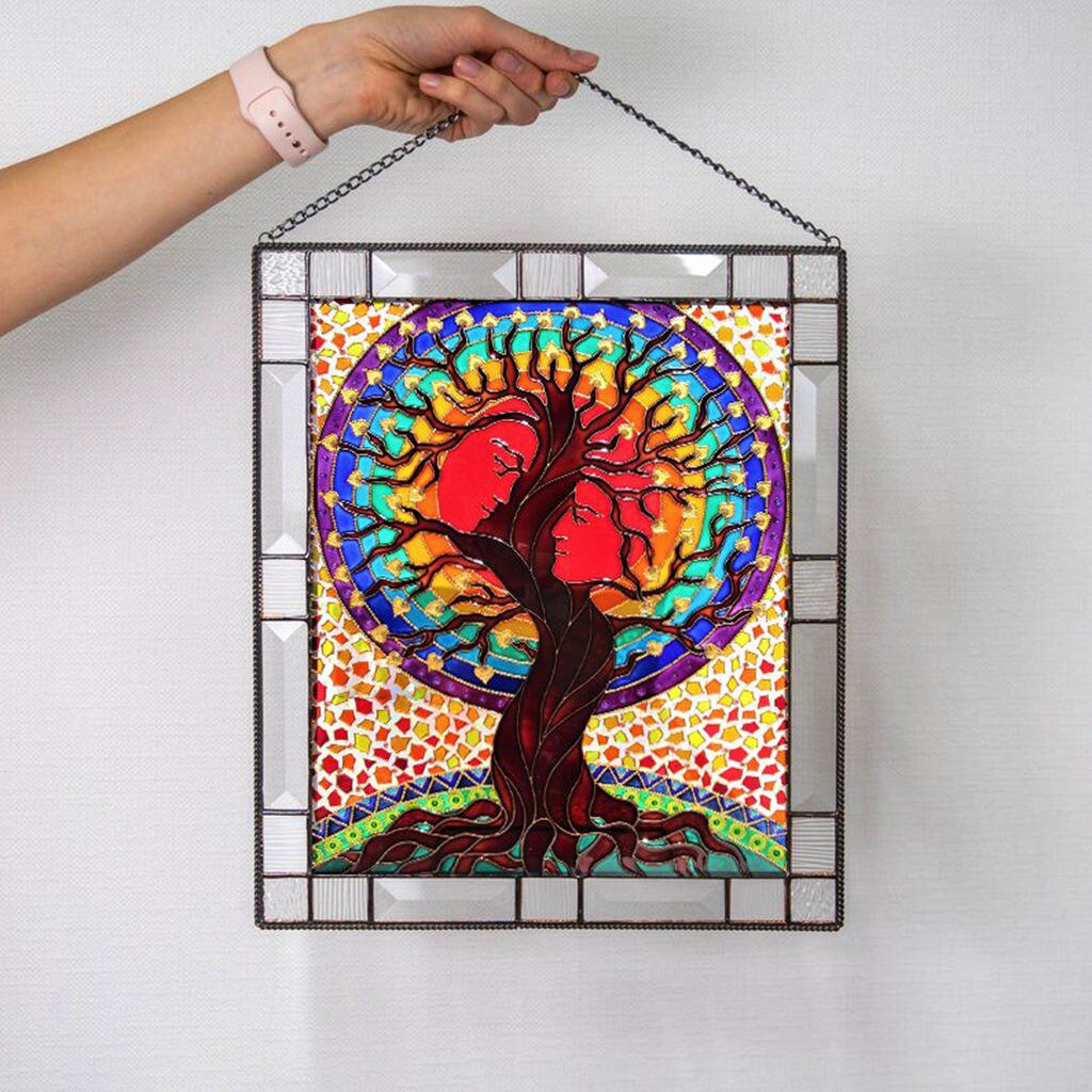 Stained Glass Window ings, Stained Glass Window Panel, Gorgeous Flowers with Chain - Art Style: Tree of Life