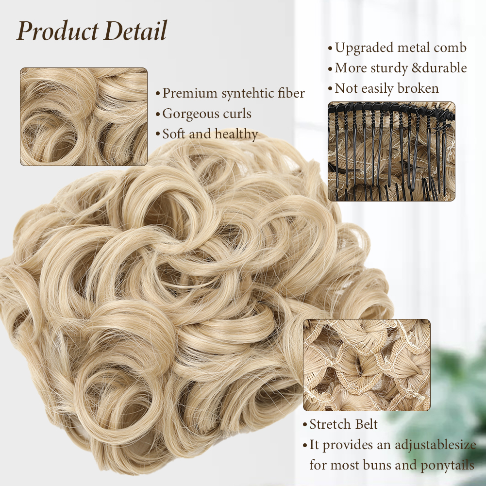 Coque bagunçado coque de cabelo premium sintético encaracolado prato de cabelo pentes de metal em elegante scrunchie bun extensão de cabelo para mulheres