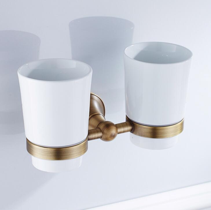 Portavasos y vaso antiguos de latón, soporte para cepillo de dientes antiguo con tazas dobles de cerámica, accesorios de baño, hardware de baño