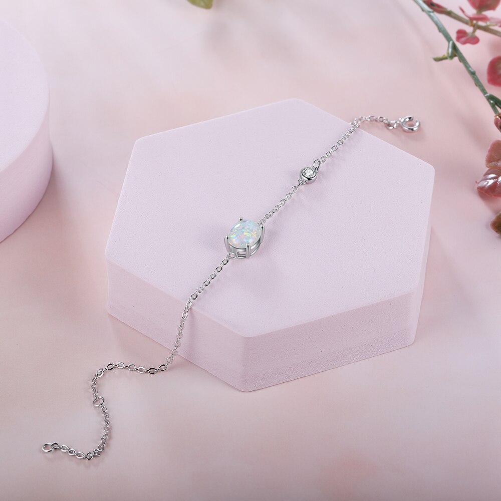 Pulseras simples de ópalo ovalado para mujer, de Plata de Ley 925, brazaletes ajustables de enlace de cadena, joyería de Boda (Lam Hub Fong)