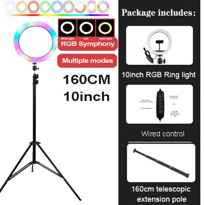 Fotografie Ring Licht Statief Led Ring Licht Selfie Ring Licht Voor Make Video Live Aro De Luz Para Hacer Tik tok Fotostudio: RGB 10inch 160cm