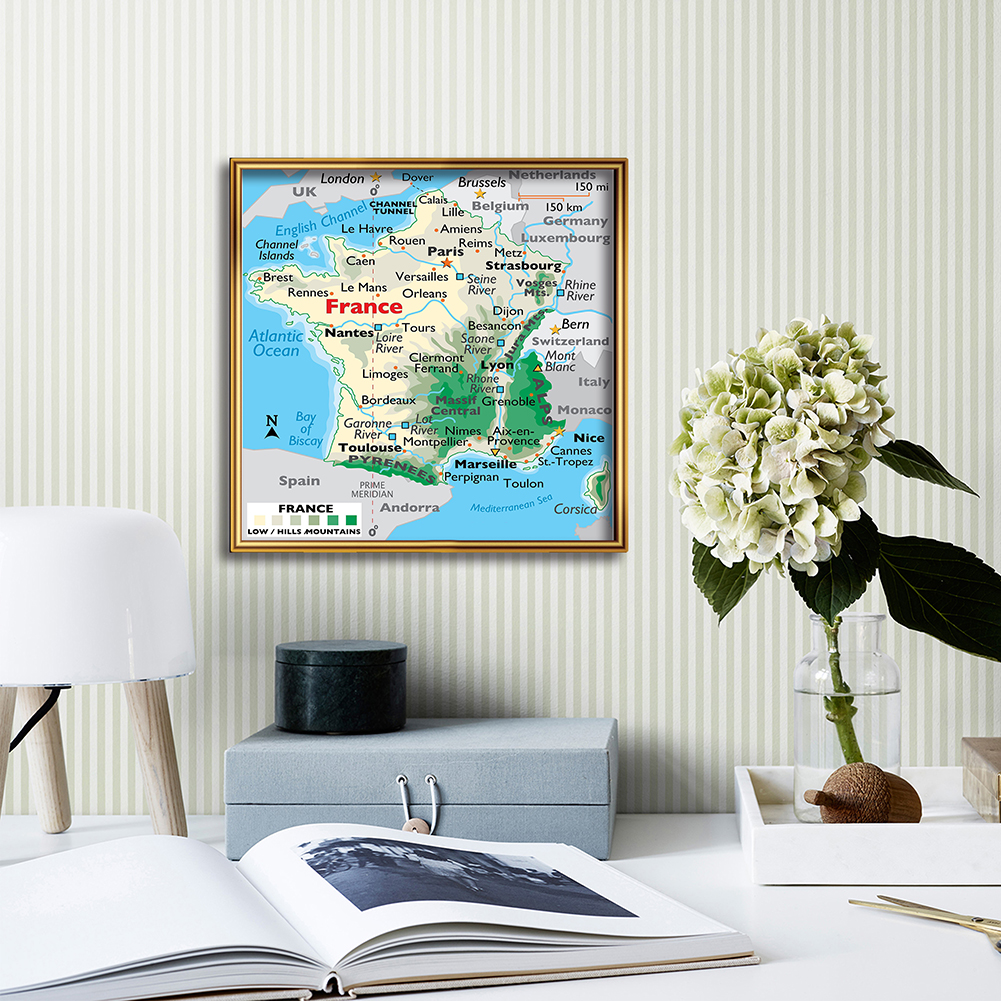 60*60cm Terrain Map of The France Wall Art Poster Canvas Print Painting Living Room Home Decoration Children School Supplies