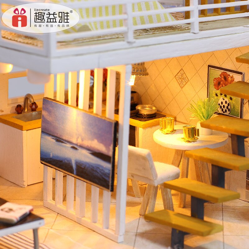 3D Sweet Mini Double Entry House DIY Deluxe Kitchen Living Room Bedroom Bathroom With Lights Doll House Handmade