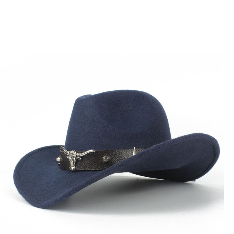100% Wool Women Men Hollow Western Cowboy Hat With Tauren Belt Winter Outback Jazz Toca Sombrero Cap Size 56-58CM: Dark Blue