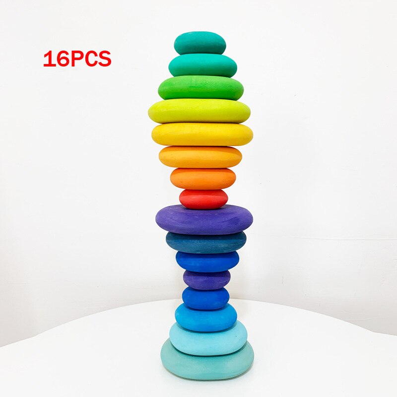 Baby Toys Wooden Blocks Rainbow Stacker Toys For Kids Rainbow Building Blocks Educational Toys For Children: 16PCS Stacked stone