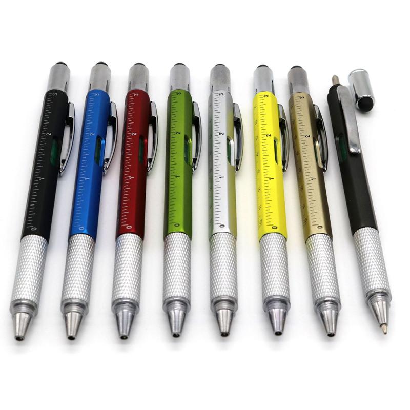 1pc 8 Color Multifunctional Ballpoint Pen Stylus Screwdriver Ruler Level Top Scale Pens Capacitor Touch Metal Scale Tool