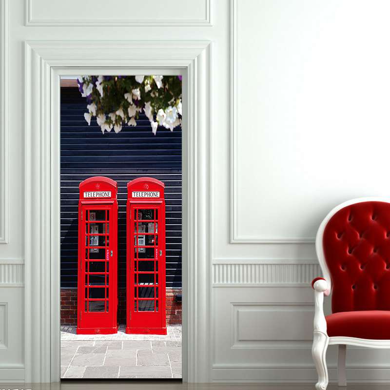 Londen Dubbeldekker Toeristische Landmark Zelfklevende Vinyl Muurschildering Sticker Deur Sticker: aw27 phone booth