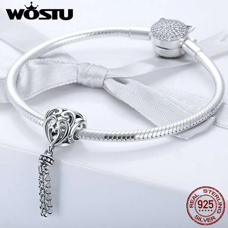 Wostu 2019 nova chegada 925 prata esterlina encantado coração borla charme caber original diy grânulo pulseira jóias presente fic722