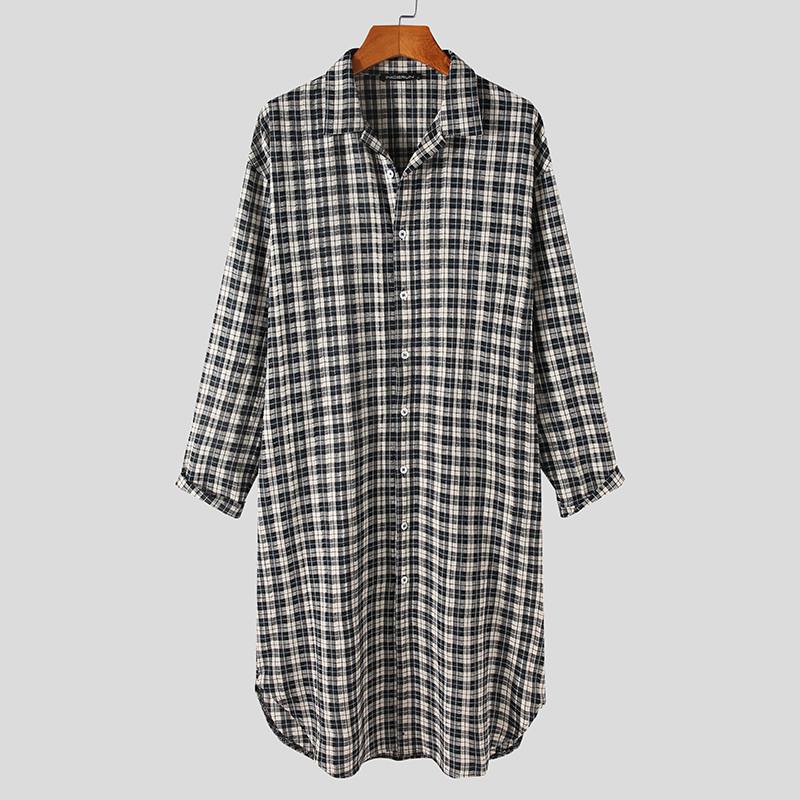 Mannen Plaid Gewaden Comfortabele Homewear Turn Down Kraag Lange Mouw Knop Badjassen Losse Leisure Mannen Kamerjas S-5XL Incerun: Xxl