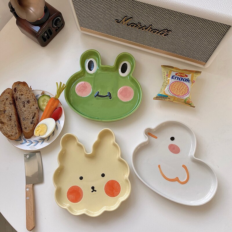 Cute Animal Ceramic Plate Breakfast Beef Dishes Cartoon Rabbit Frog Dessert Dish Fruit Snack Plate Animal Dish Dinnerware Set