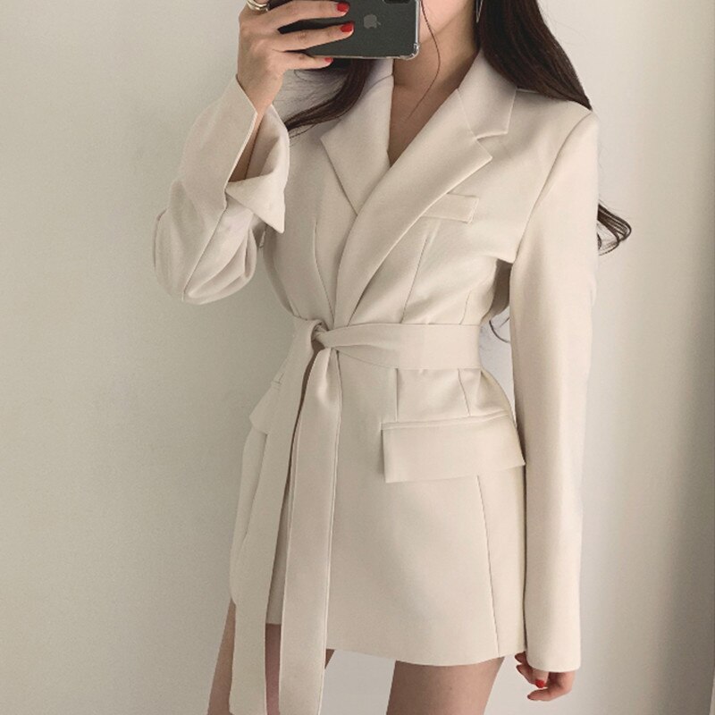 Blazer taille haute avec ceinture pour femme, vêtement d'extérieur, coupe cintrée, noir et Beige, à manches longues, pour le travail et le bureau, collection automne: Beige / M