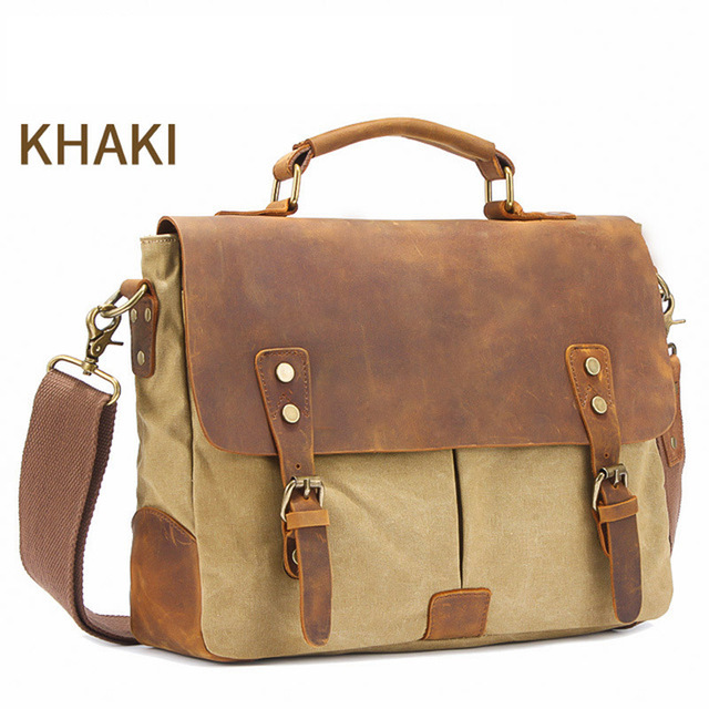 MARKROYAL Vintage Crazy Horse cuero lona bolsas de mensajero maletín para ordenador portátil bolso cruzado: Caqui