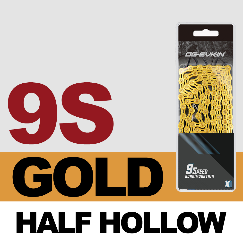 OG-EVKIN 9/10/11 Speed Bicycle MTB Chain Half/Full Hollow Bike Chain Mountain/Road Bicycle Chains 116 Quick Link Gold/Silver: C-01-9s-EL-Gold