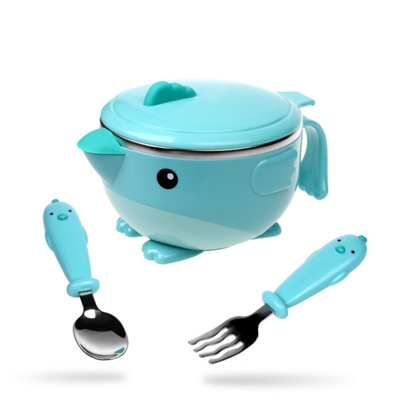 Children dishes set Baby tableware Kit Stainless Steel feeding bowl Spoon Fork Cup Heat preservation bowl: Blue-3