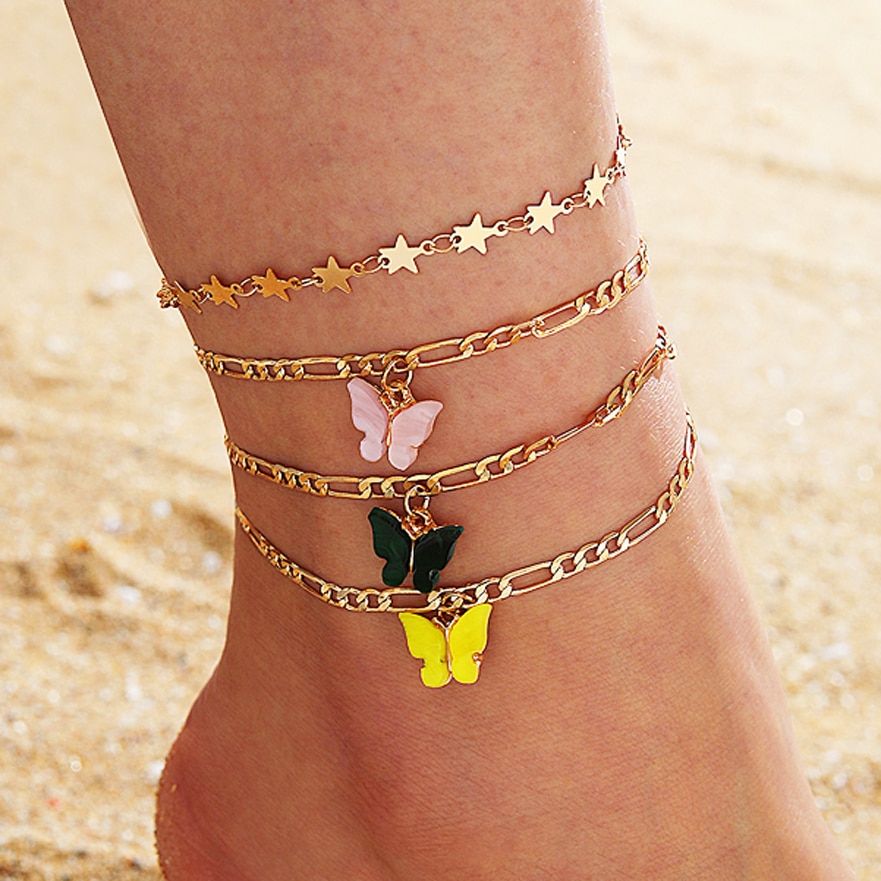 4Pcs Schmetterling Fußkettchen Set für Frauen Einfache Sterne Charme Gold Farbe Kette Ankle Armbänder Böhmischen Strand Bein Fuß schmuck