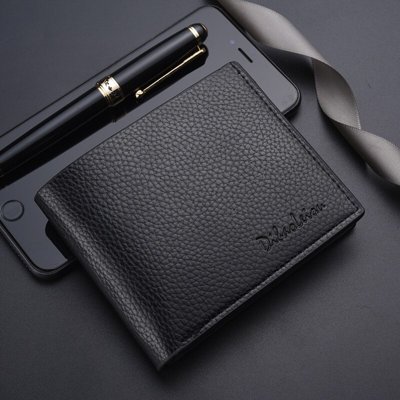 Men Short Purse Lychee Print English Casual Style Zipper Credit Card Wallet: black