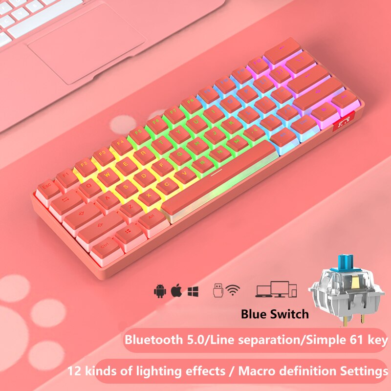 Ajazz STK61 Mechanical Keyboard Wireless Bluetooth 61 Keys Dual Mode Mix Backlit Mini Portable Gaming Keyboard for PC Desktop: Pudding Pink Blue