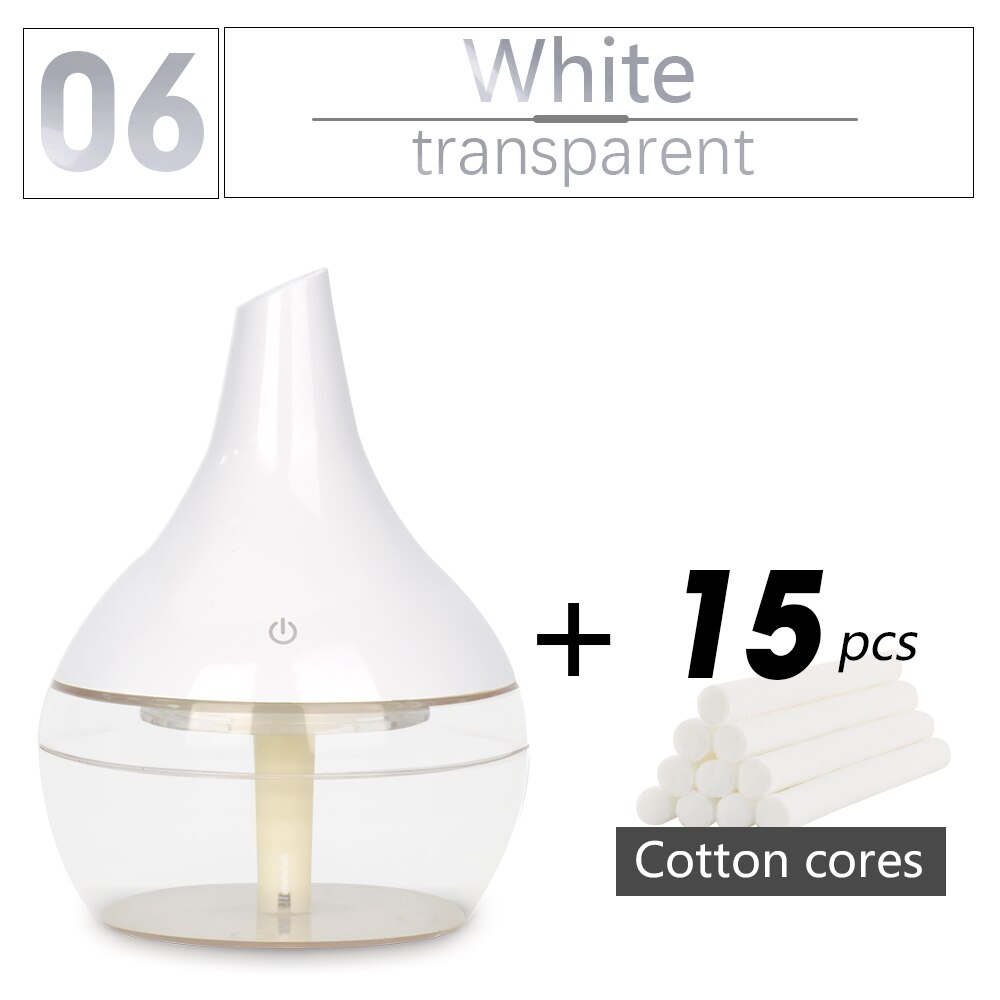 300ML USB humidifier Electric oil Aromatherapy wood grain Ultrasonic air diffuser with 7 colors lights for home office Car: White transparent-15