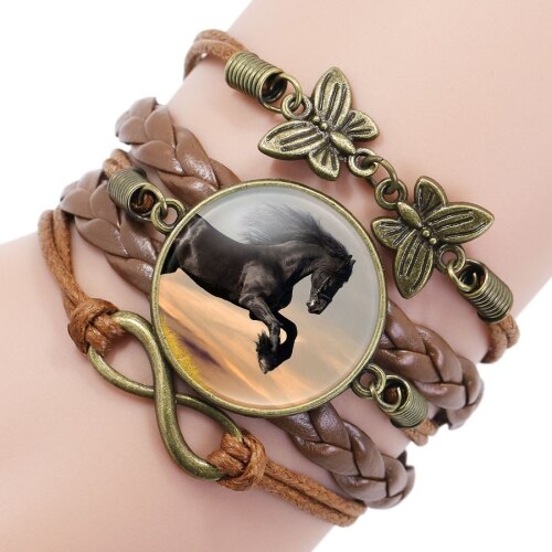 Exweup Vintage Horse Pattern Black Leather Bracelets Bangles Love letter Crystal Gem stone Bracelets Women Bangle Wristbands: F11170MI012