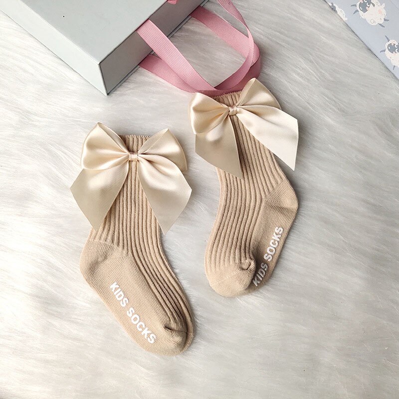Leuke Big Bows Baby Sokken Effen Kleur Antislip Kids Meisjes Sokken Zachte Katoenen Gebreide Baby Peuter Sokken 0-12 Maanden: khaki / 6-12M