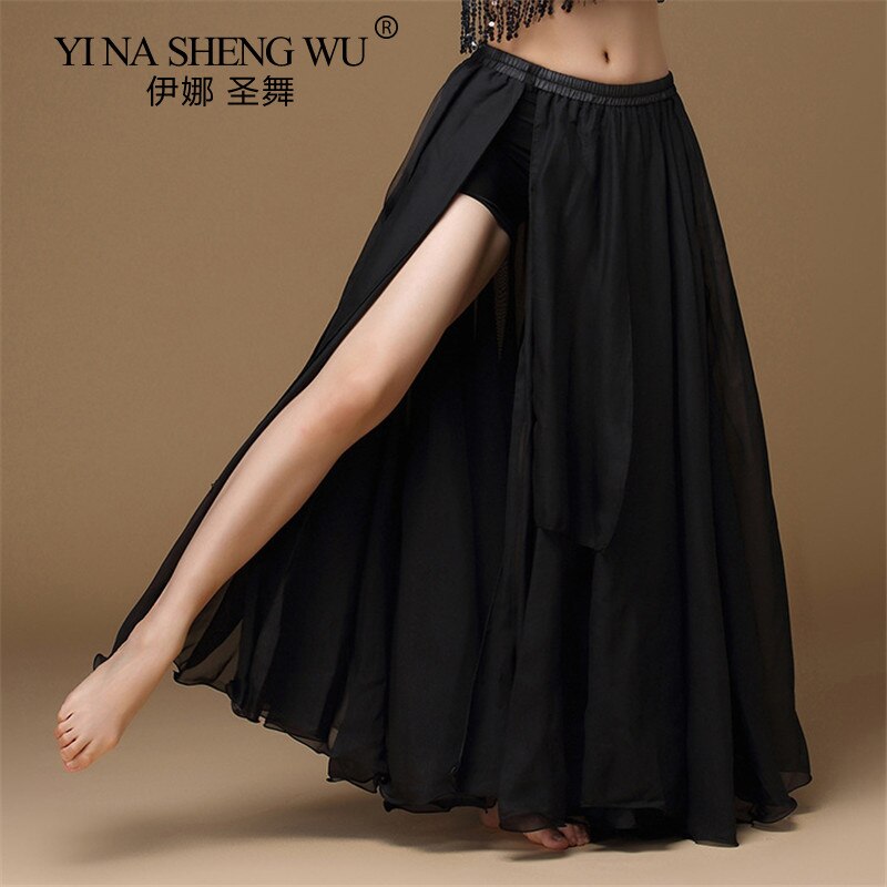 Falda de danza del vientre para mujer, falda larga de Color sólido de corte alto para danza Oriental, práctica Unilateral de bollwood de la India, 1 ud.: Black