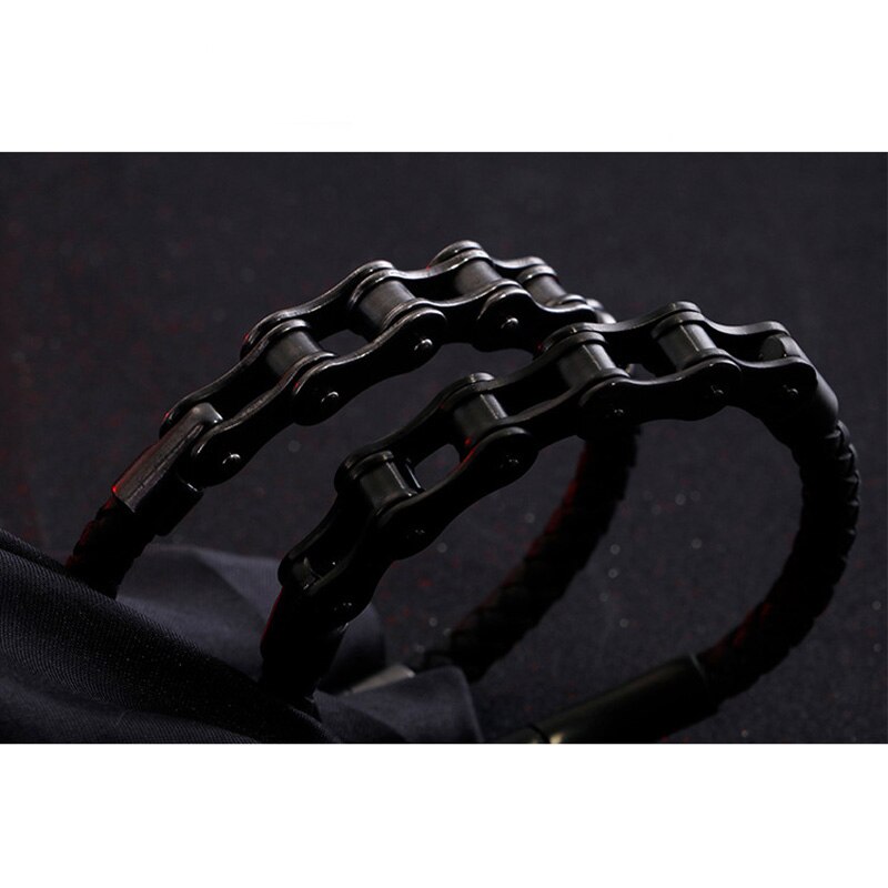 Trend Leather Braided Stainless Steel Bike Chain Bracelet Motorcycle Chain Wristband Men Bicycle Bangle JewelryWholesale