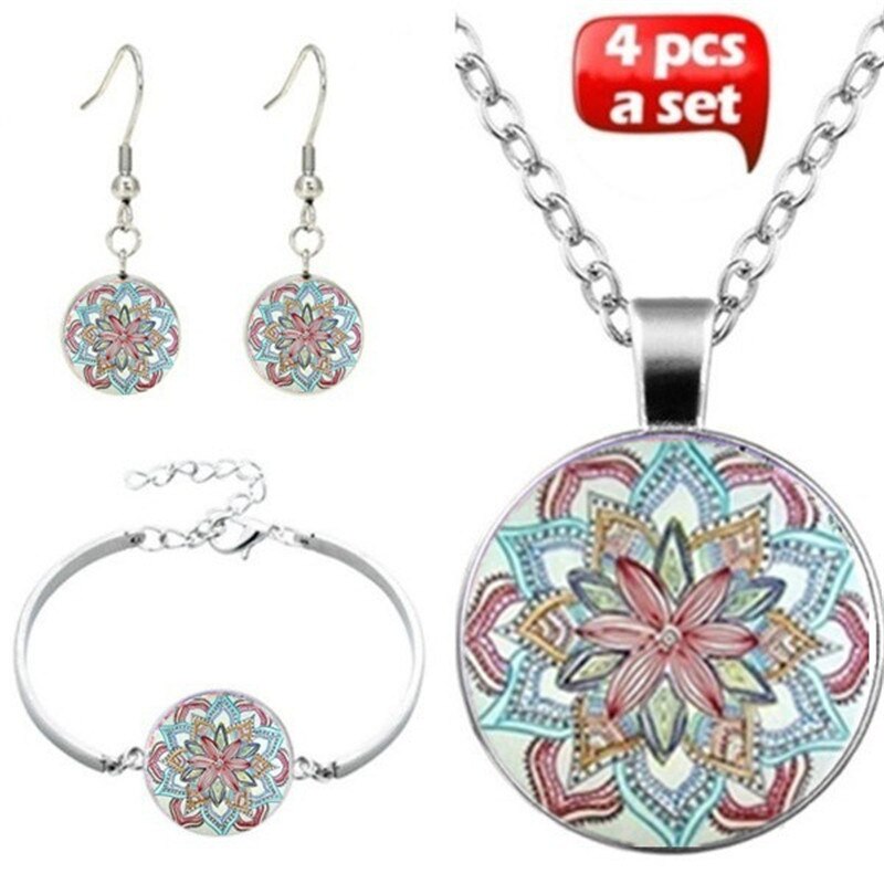 Om india yoga mandala glas cabochon hänge halsband armband armband örhängen smyckesset totalt 4 st för kvinnor & #39 ;s