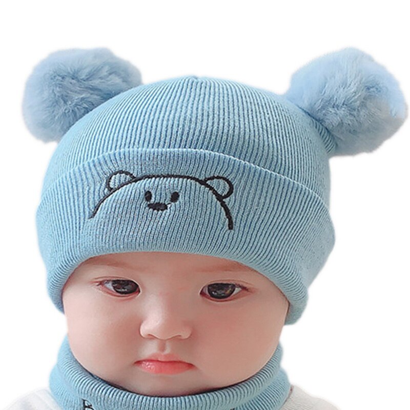 2Pcs Toddler Hat +Twitter Pompon Winter Children Hat Bonnet Enfant Knitted Cute Cap For Girls Boys 0-36 Months: 1 blue