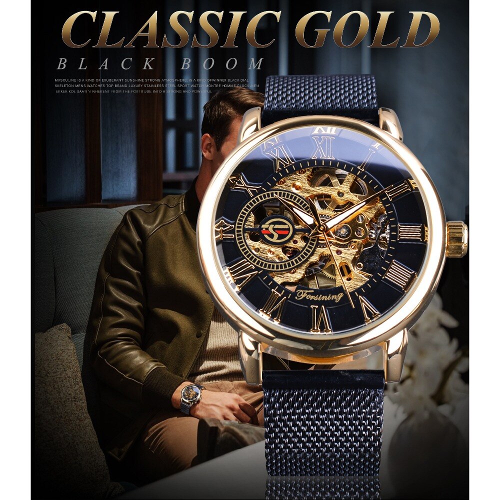 Forsining Classic Retro Luxe 3D Romeinse Aantal Zwarte Mesh Band Transparant Mannen Mechanische Skelet Horloges Top Luxe