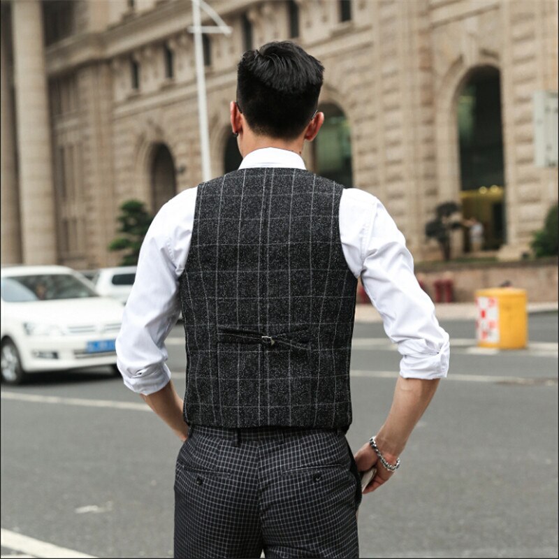Men Autumn Spring Suit Vest Slim Fit Barber Vest Plaid Male Single Breasted Sleeveless Business Jacket A2843