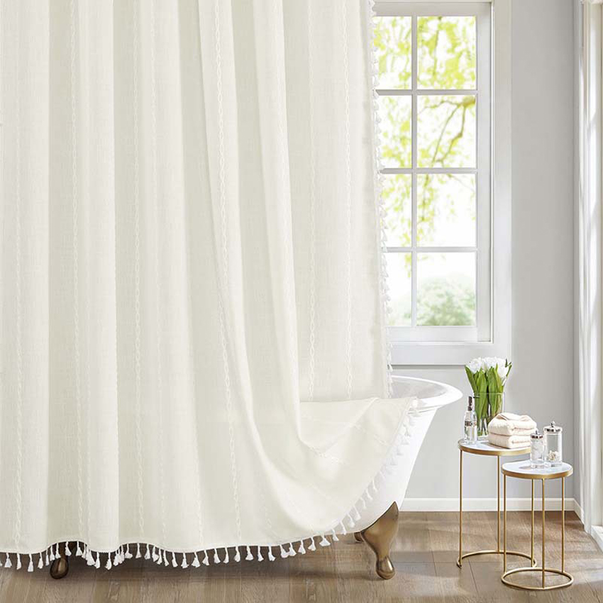 Jacquard-Leinen-Duschvorhang mit Quasten, nordische wasserdichte dicke Badvorhänge für Badezimmer, Badewanne, Badeabdeckung mit Haken