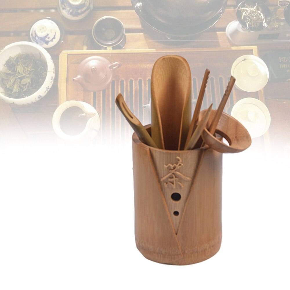 6 Pcs Bamboo Cylinder Chinese Kung Fu Tea Set Carved Korean Style Word "Tea" Tea Making Tool Kit Kitchen Accessories (Tea Bucket