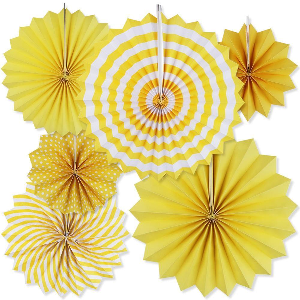 6Pcs/Set Mixed Size Hanging Paper Fan Round Wheel Paper Fans Purple/Green/Blue Birthday Kids Party Christmas Decoration: yellow