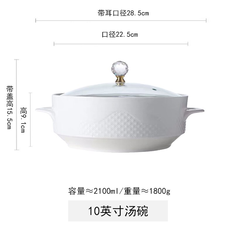 NNYCC Soupière Blanche Dorée 3,2L Porcelaine Tendre – Double Poignée, Couvercle + Cuillère, Vaisselle Élégante