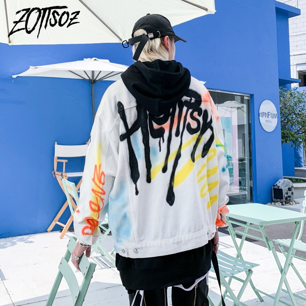 Punk Rock Gothic Denim Jassen Hip Hop Graffiti Print Jeans Jassen Streetwear Mannen Harajuku Casual Katoenen Jas Uitloper Wit
