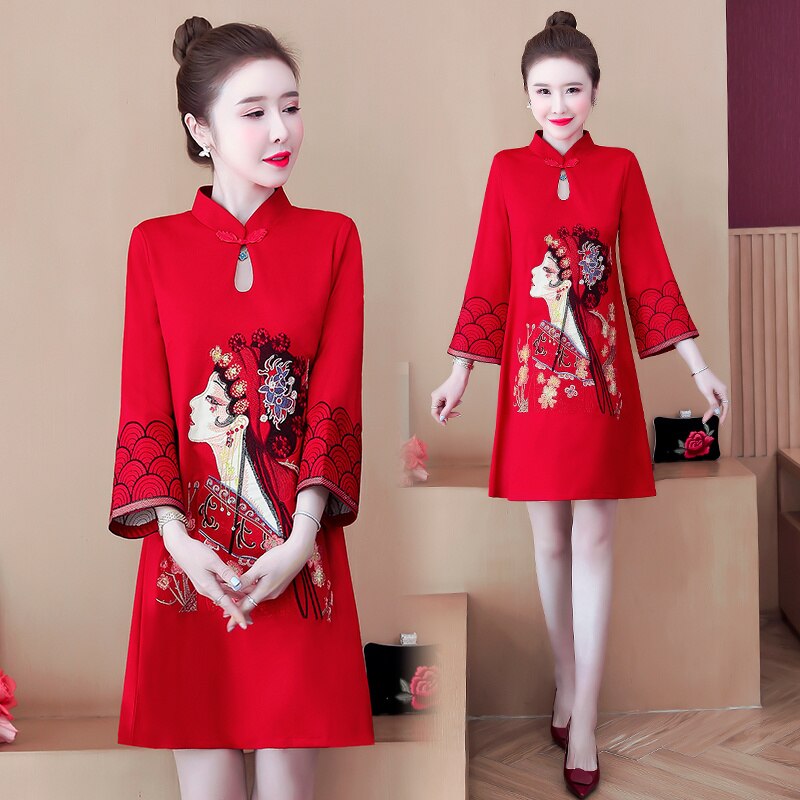 Qipao negro y rojo bordado para mujer, vestido chino Vintage de estilo étnico, Cheongsam moderno, novedad de otoño, 2022: Red / L