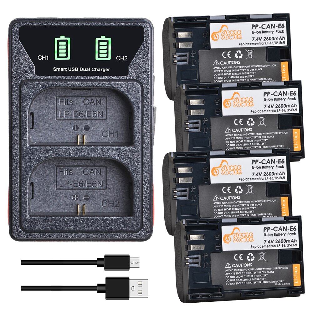 LP-E6 LP E6 LPE6 LPE6N batería + LED construido-en el cargador Dual USB para Canon EOS 5D 6D 7D 60D 70D 80D Mark II Mark III: 4 battery  1 charger