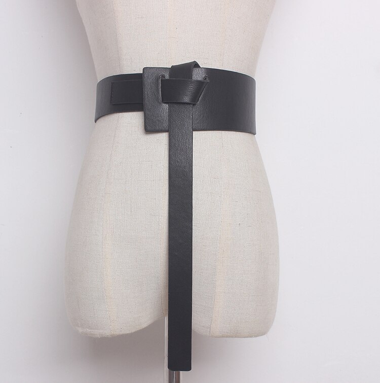 [Eam] Zomer Effen Kleur Zwart Pu Lederen Knoop Bandage Losse Lange Onregelmatige Riem Vrouwen Mode Tij alle-Match JG114: black