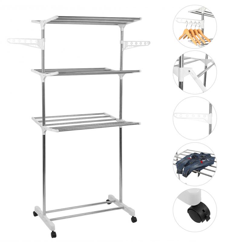 Stainless Steel Clothing Storage Racks Clothes Drying Folding Suspension Wing Adjustable Wardrobe Laundry Drying Rack 3 Tier HWC
