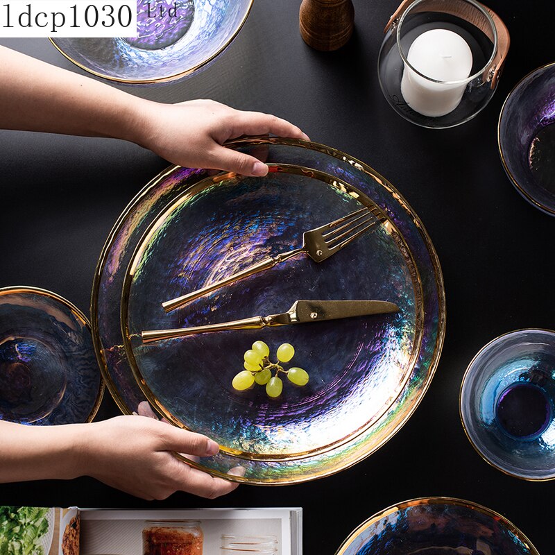 Vaisselle en verre à bord doré, assiette de nourriture occidentale, assiette Plate à salade, ensemble de Steak de Banquet, assiette d&#39;exposition, ustensiles de cuisine